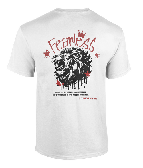 Fearless Christian t-shirt featuring lion artwork inspired by Psalm 27:1 by RisenKing