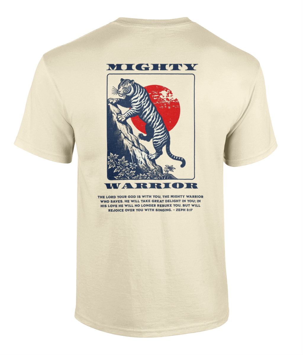 Model wearing the Mighty Warrior Christian t-shirt featuring a vintage tiger graphic inspired by Zephaniah 3:17 by RisenKing