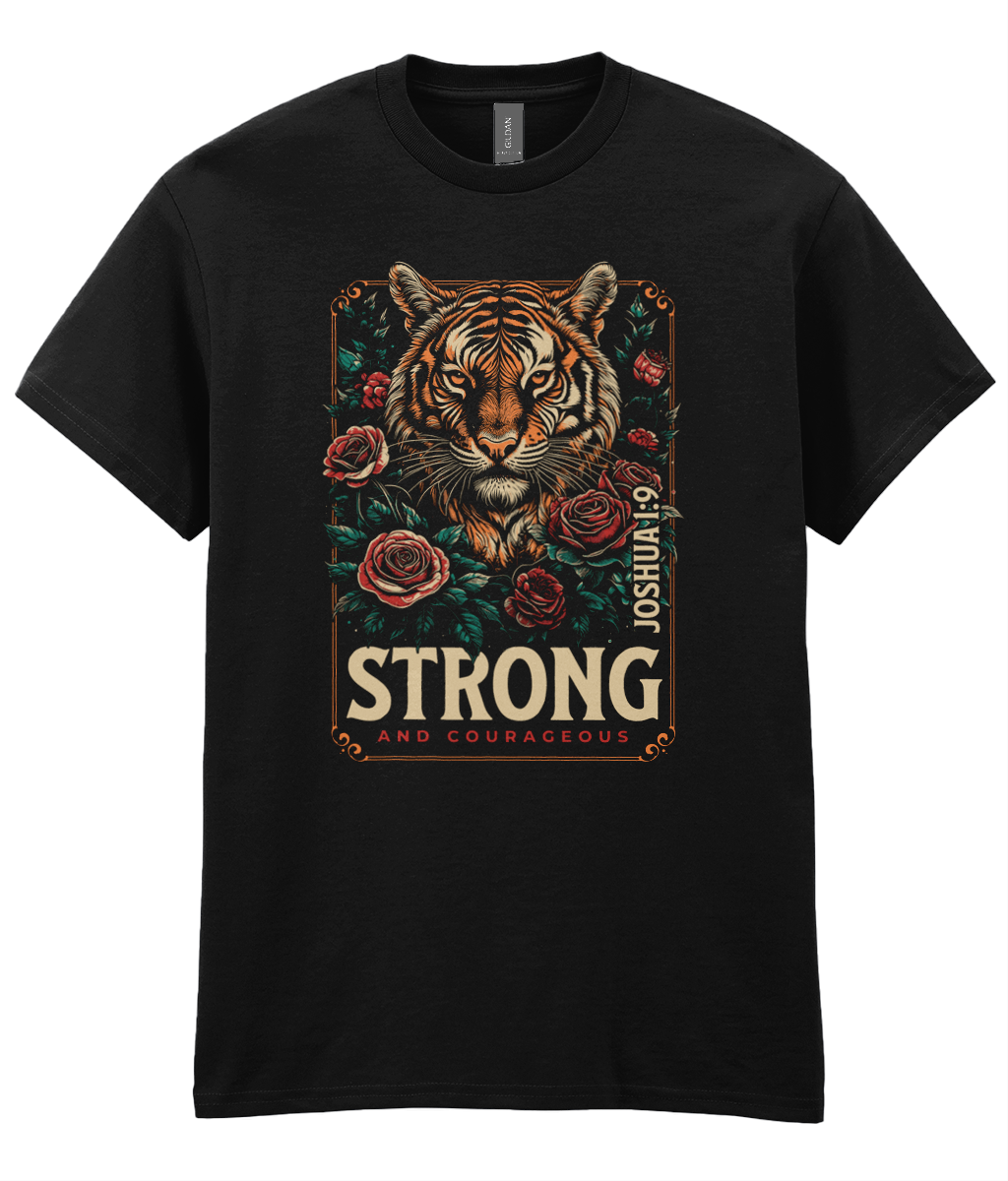 Strong Christian t-shirt featuring tiger artwork inspired by Joshua 1:9 by RisenKing