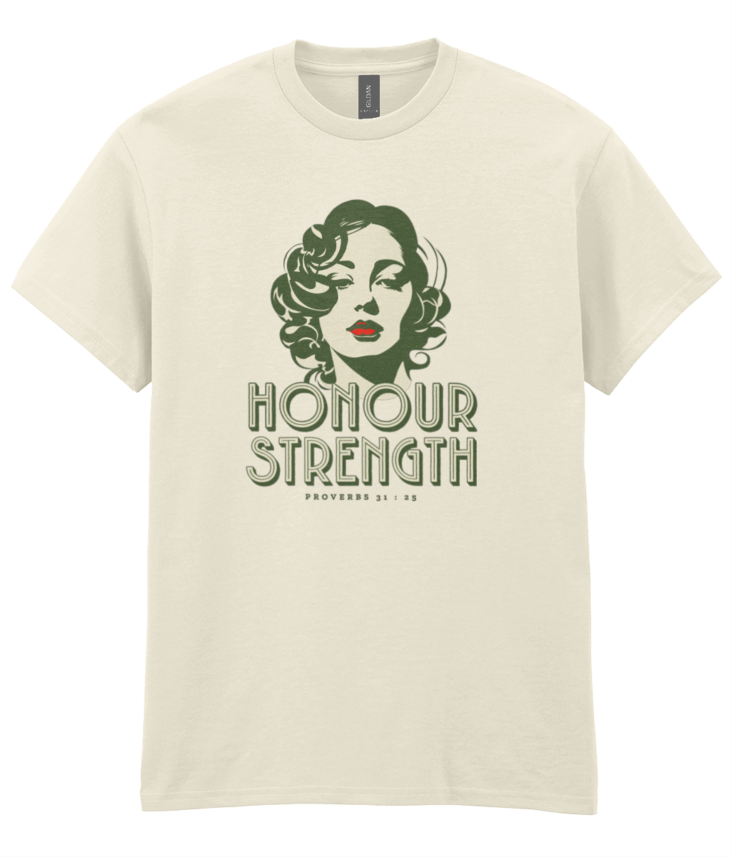 Honour Strength Christian t-shirt featuring vintage feminine artwork inspired by Proverbs 31:25 by RisenKing