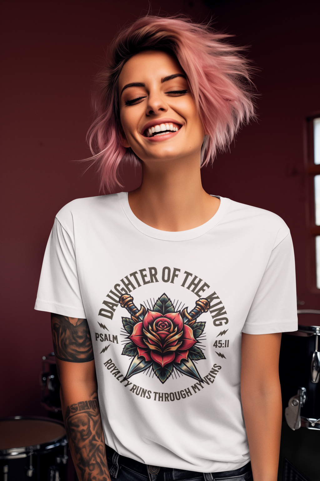 Daughter Of The King Christian t-shirt featuring a red rose graphic inspired by Psalm 45:13 by RisenKing