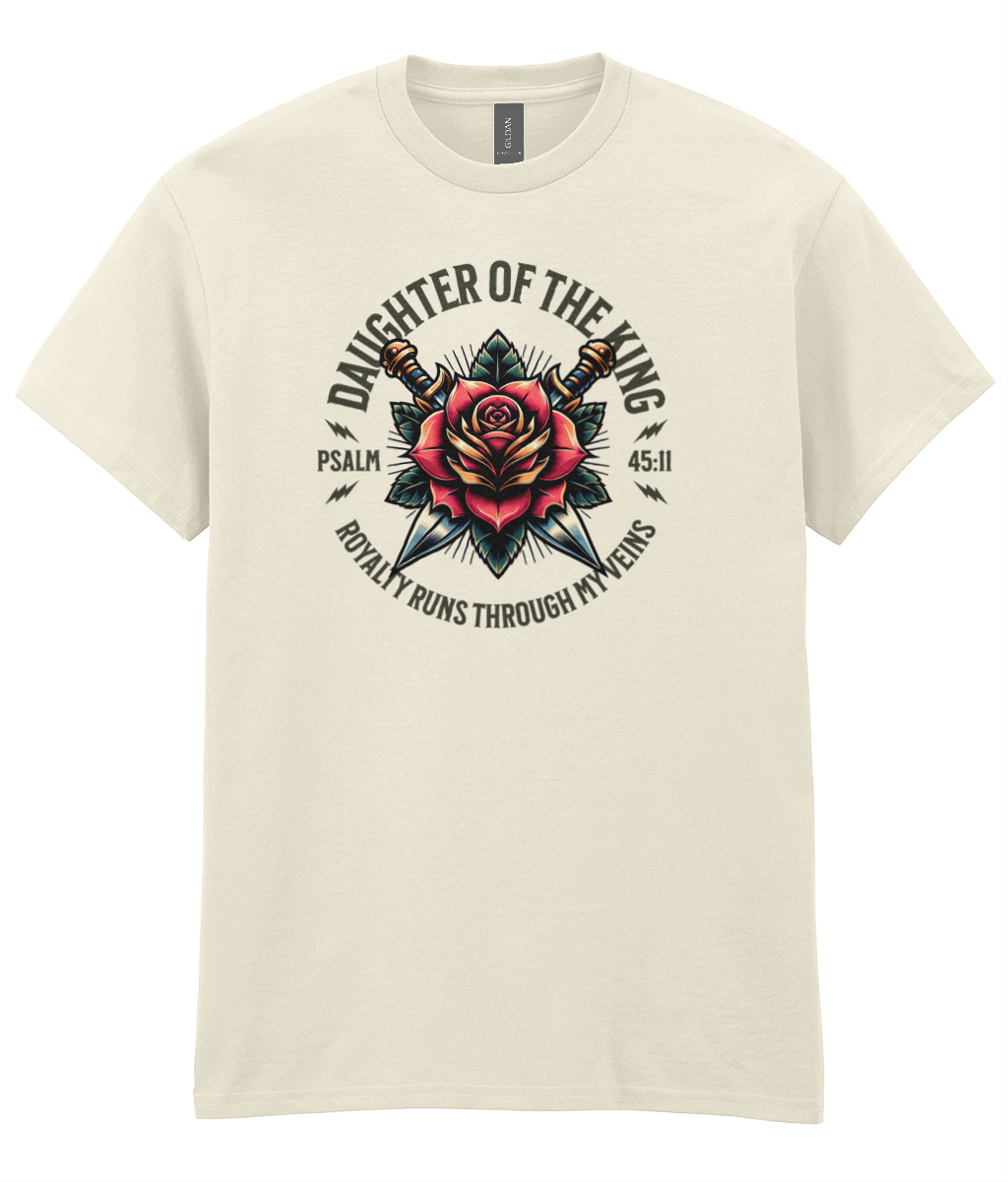 Daughter Of The King Christian t-shirt featuring a red rose graphic inspired by Psalm 45:13 by RisenKing