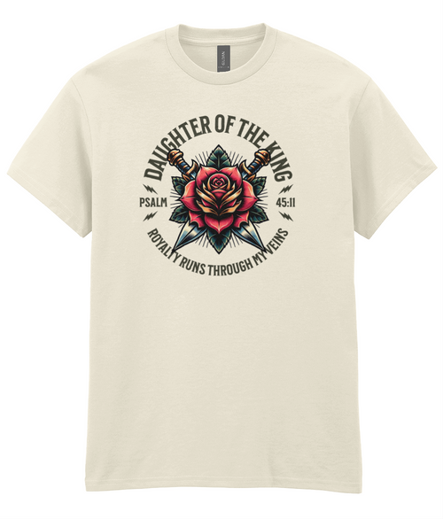 Daughter Of The King Christian t-shirt featuring a red rose graphic inspired by Psalm 45:13 by RisenKing