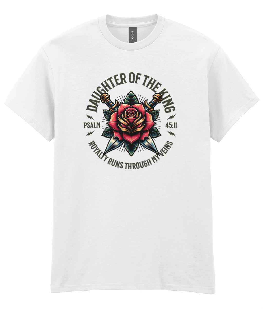 Daughter Of The King Christian t-shirt featuring a red rose graphic inspired by Psalm 45:13 by RisenKing