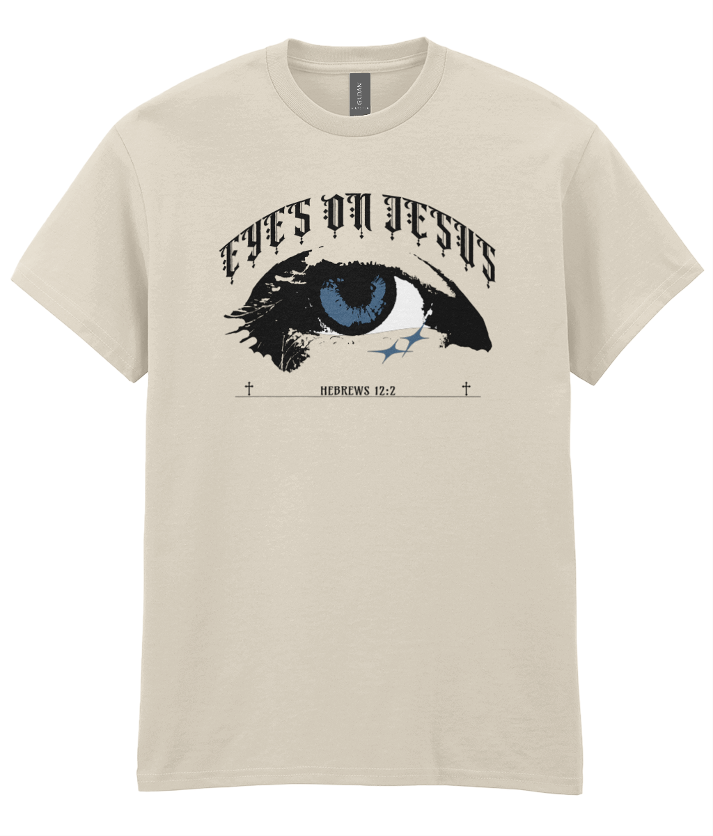 Eyes On Jesus Christian t-shirt featuring an eye graphic inspired by Hebrews 12:2 by RisenKing