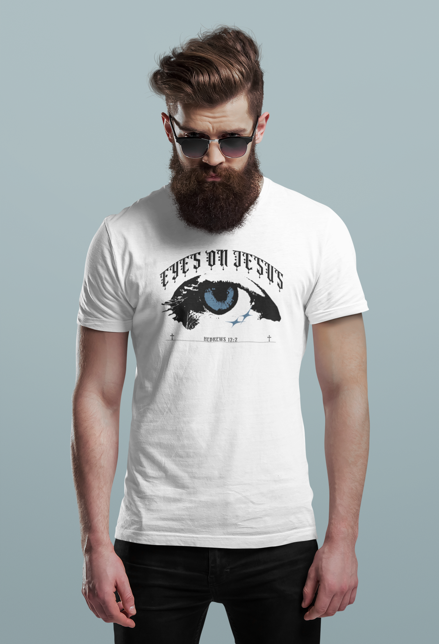 Eyes On Jesus Christian t-shirt featuring an eye graphic inspired by Hebrews 12:2 by RisenKing