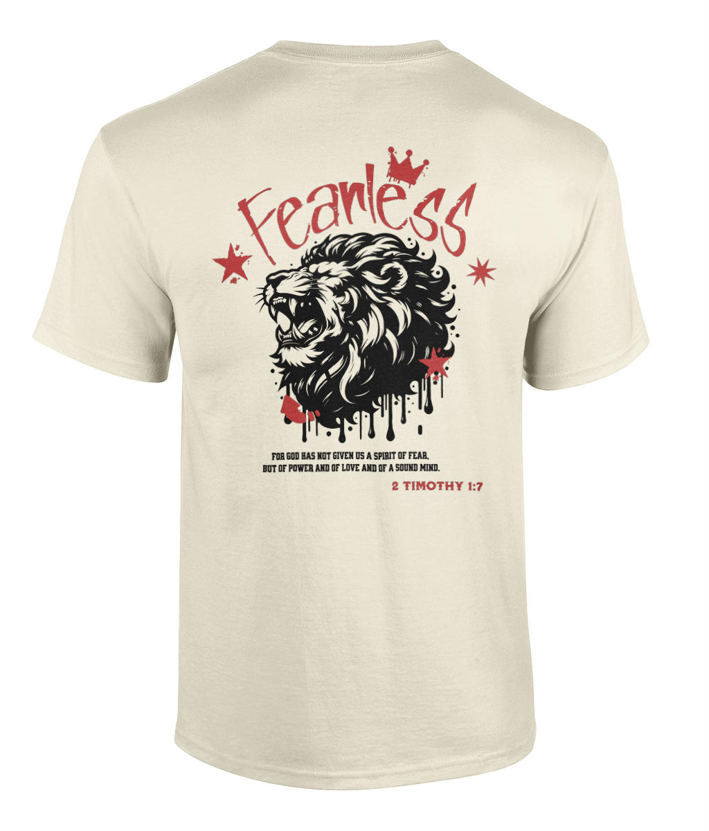 Fearless Christian t-shirt featuring lion artwork inspired by Psalm 27:1 by RisenKing