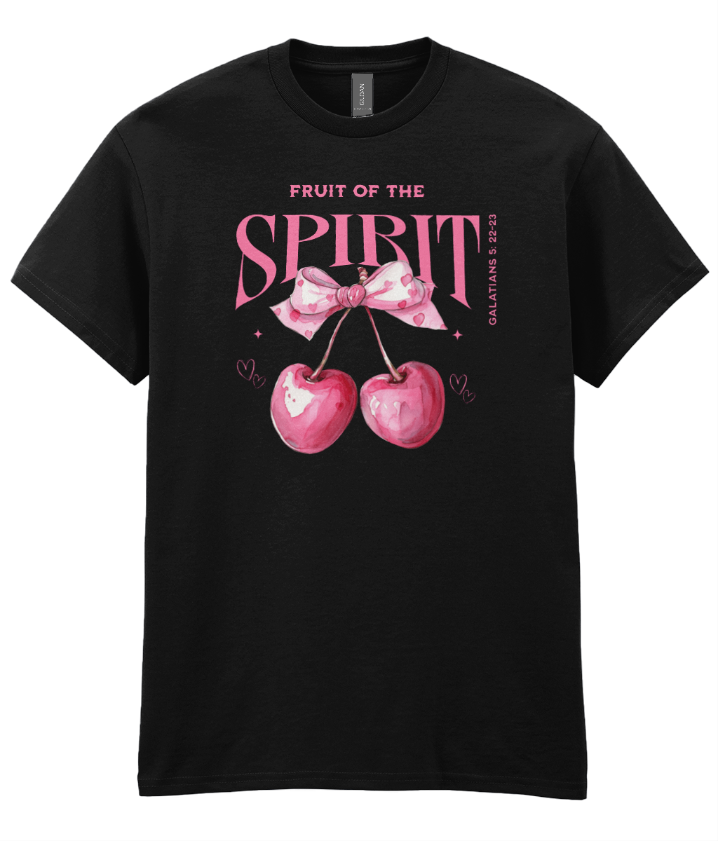 Fruit Of The Spirit Cherry Bow Christian t-shirt with pink cherry and bow artwork inspired by Galatians 5:22-23 by RisenKing