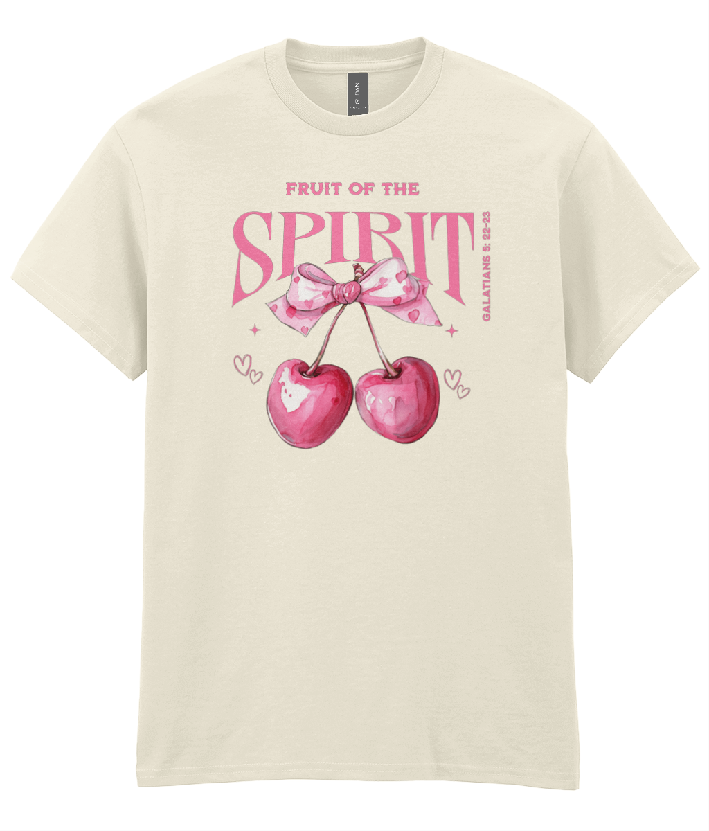 Fruit Of The Spirit Cherry Bow Christian t-shirt with pink cherry and bow artwork inspired by Galatians 5:22-23 by RisenKing