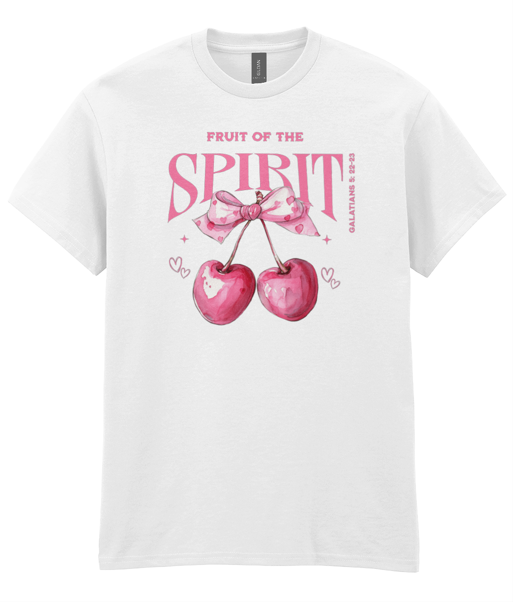 Fruit Of The Spirit Cherry Bow Christian t-shirt with pink cherry and bow artwork inspired by Galatians 5:22-23 by RisenKing