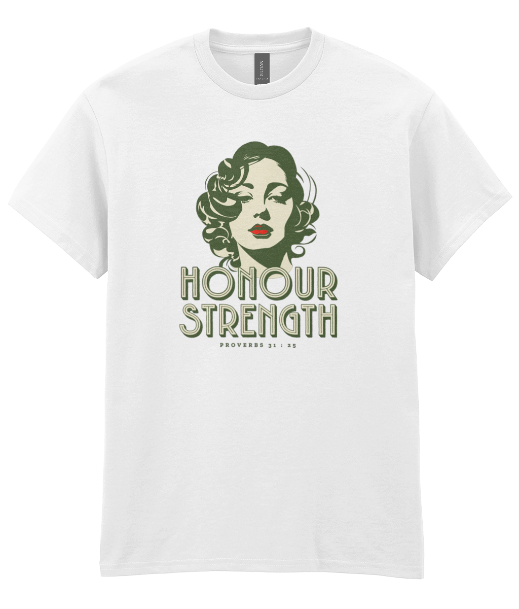 Honour Strength Christian t-shirt featuring vintage feminine artwork inspired by Proverbs 31:25 by RisenKing