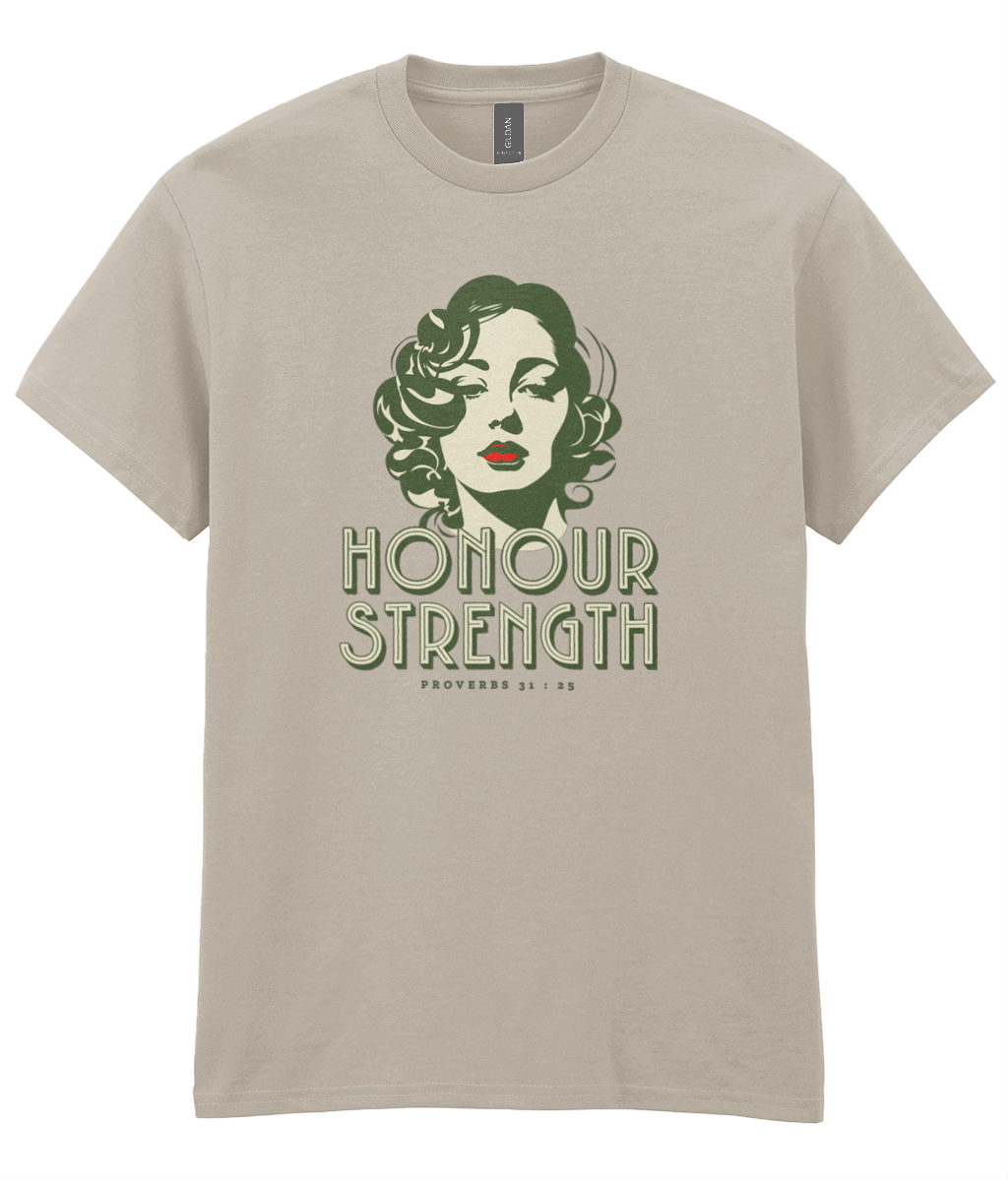 Honour Strength Christian t-shirt featuring vintage feminine artwork inspired by Proverbs 31:25 by RisenKing