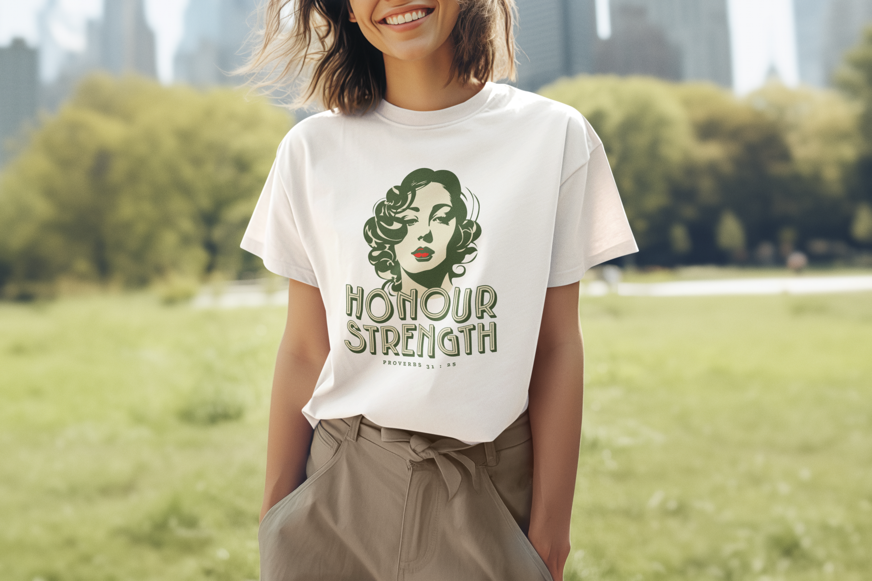 Honour Strength Christian t-shirt featuring vintage feminine artwork inspired by Proverbs 31:25 by RisenKing