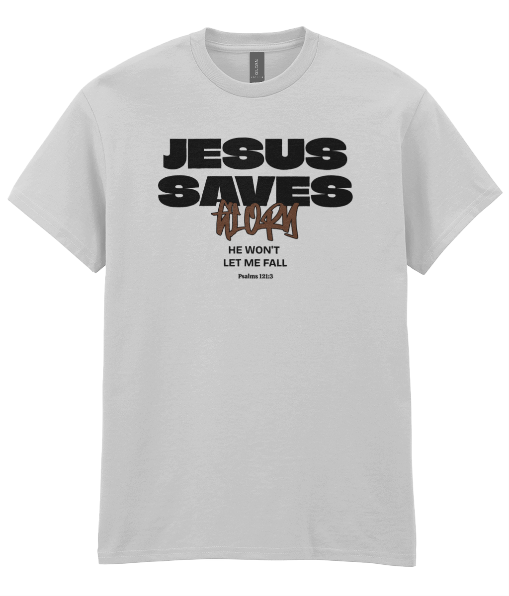 Jesus Saves Christian t-shirt featuring a bold typographic design inspired by Romans 10:13 by RisenKing