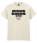 Jesus Saves Christian t-shirt featuring a bold typographic design inspired by Romans 10:13 by RisenKing