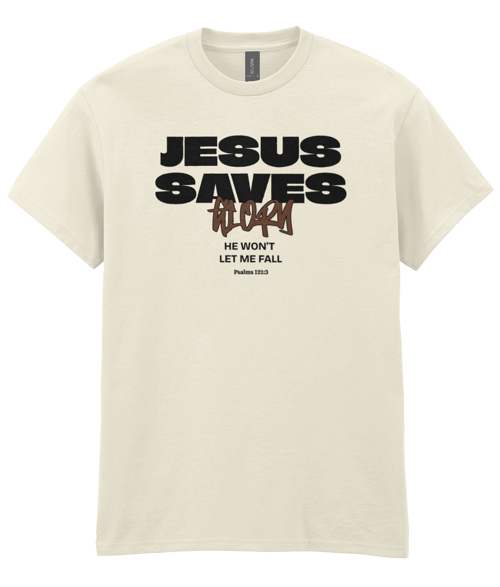 Jesus Saves Christian t-shirt featuring a bold typographic design inspired by Romans 10:13 by RisenKing