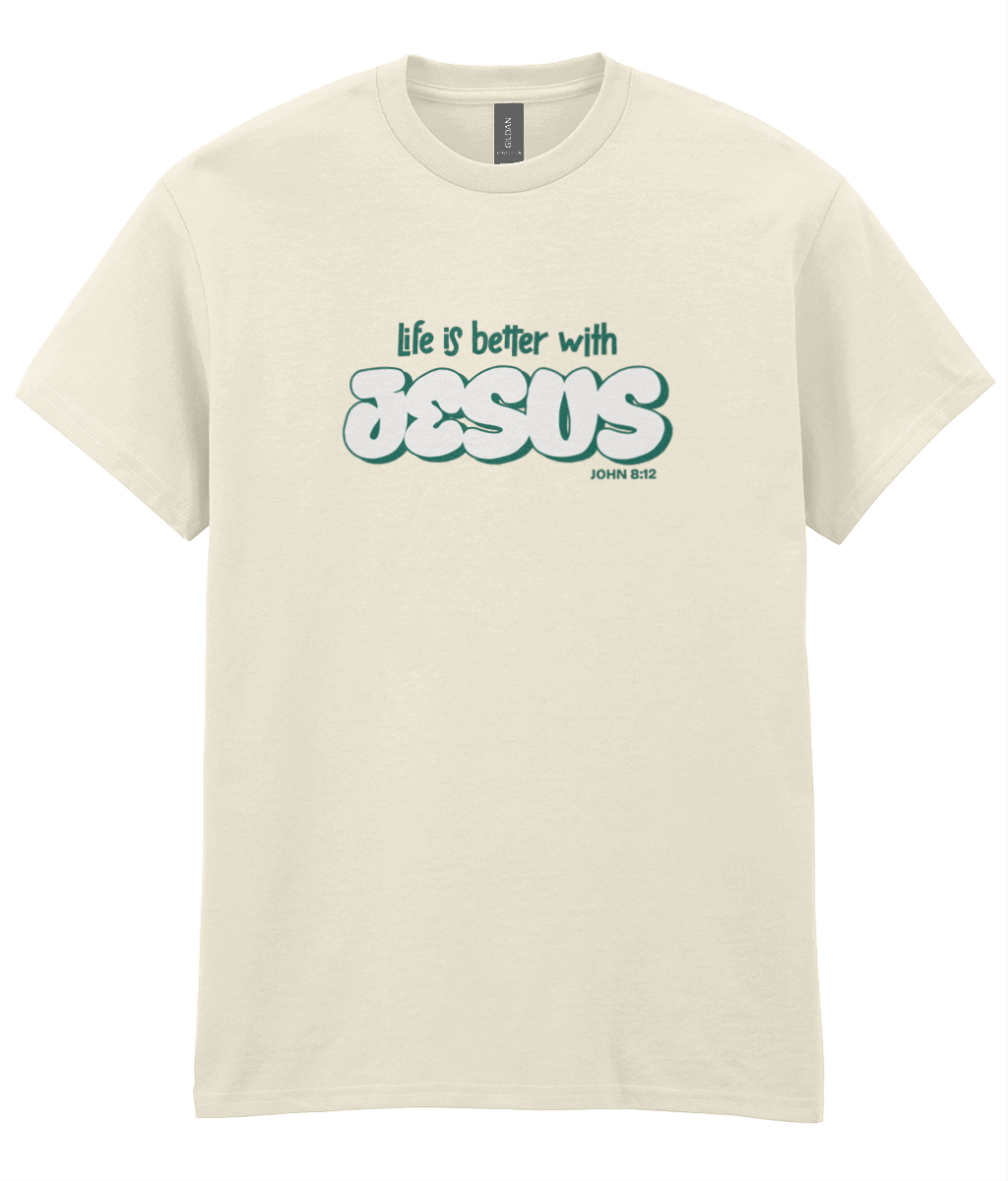 Life Is Better With Jesus Christian t-shirt featuring a modern typographic faith design by RisenKing