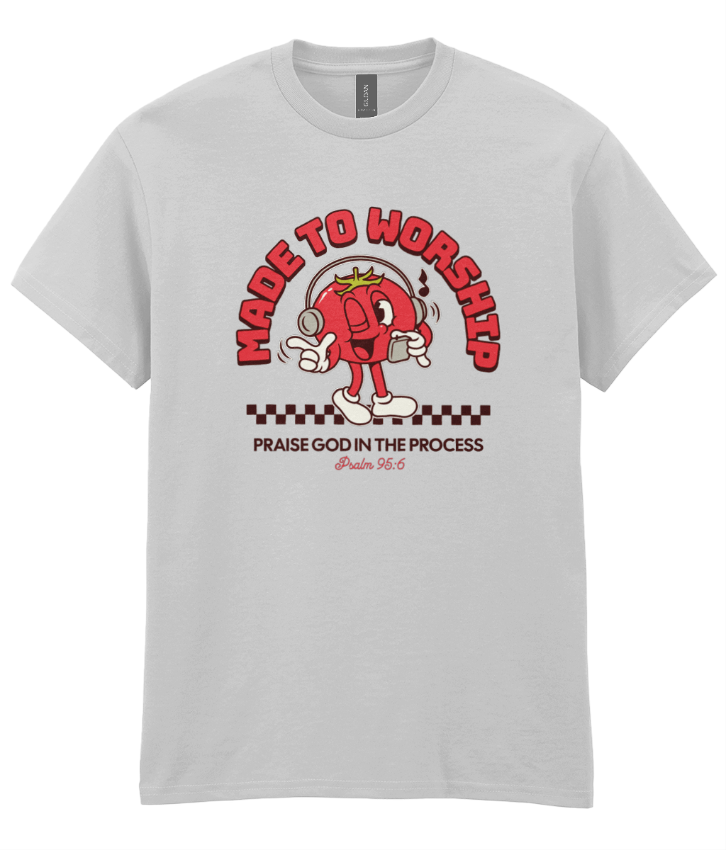 Made To Worship Christian t-shirt featuring a bold red worship graphic inspired by Psalm 95:1 by RisenKing
