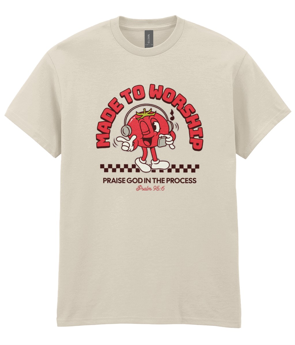 Made To Worship Christian t-shirt featuring a bold red worship graphic inspired by Psalm 95:1 by RisenKing