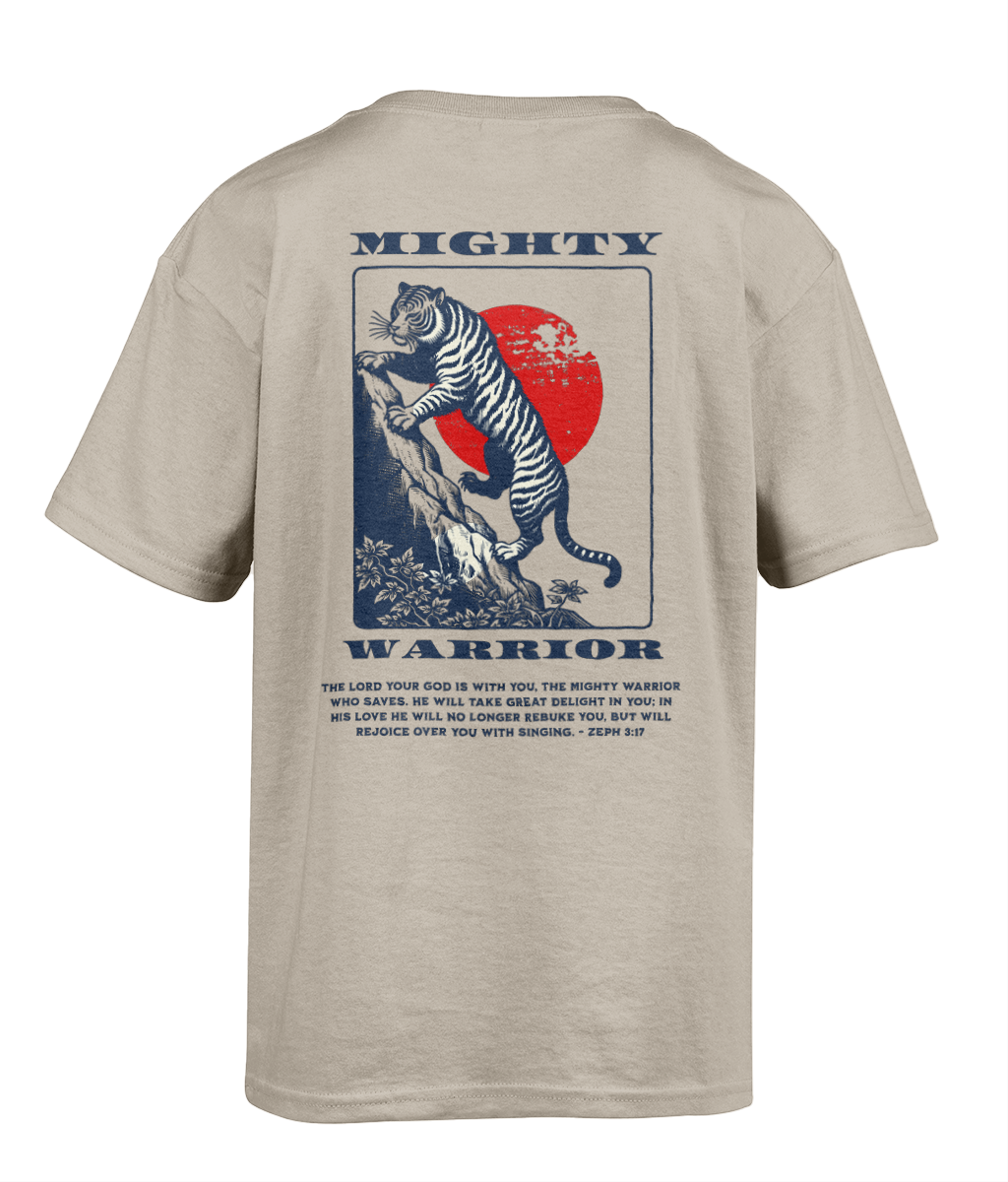 Model wearing the Mighty Warrior Christian t-shirt featuring a vintage tiger graphic inspired by Zephaniah 3:17 by RisenKing