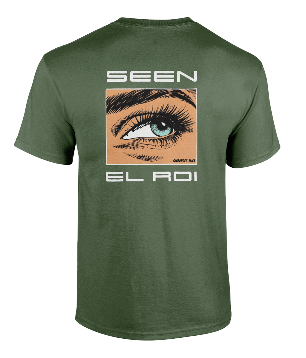 Black Christian graphic t-shirt featuring a detailed illustrated blue eye with the words "SEEN" and "EL ROI," referencing Genesis 16:13 and the biblical name for God meaning "The God Who Sees Me." Modern faith-based streetwear design displayed on black, blue, and olive green shirts.