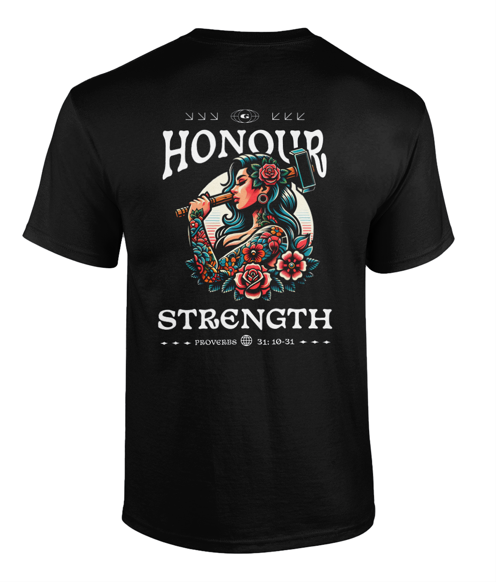 Strength Of A Woman Christian streetwear t-shirt featuring a tattoo-inspired floral woman illustration and Proverbs 31 scripture design on a black tee
