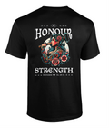 Strength Of A Woman Christian streetwear t-shirt featuring a tattoo-inspired floral woman illustration and Proverbs 31 scripture design on a black tee