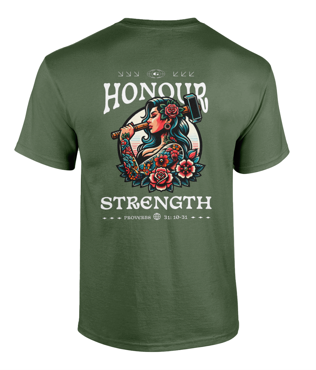 Strength Of A Woman Christian streetwear t-shirt featuring a tattoo-inspired floral woman illustration and Proverbs 31 scripture design on a black tee