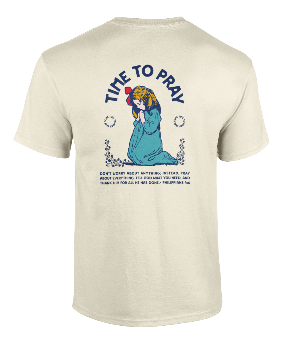 Time To Pray Christian t-shirt featuring vintage artwork inspired by Philippians 4:6 by RisenKing