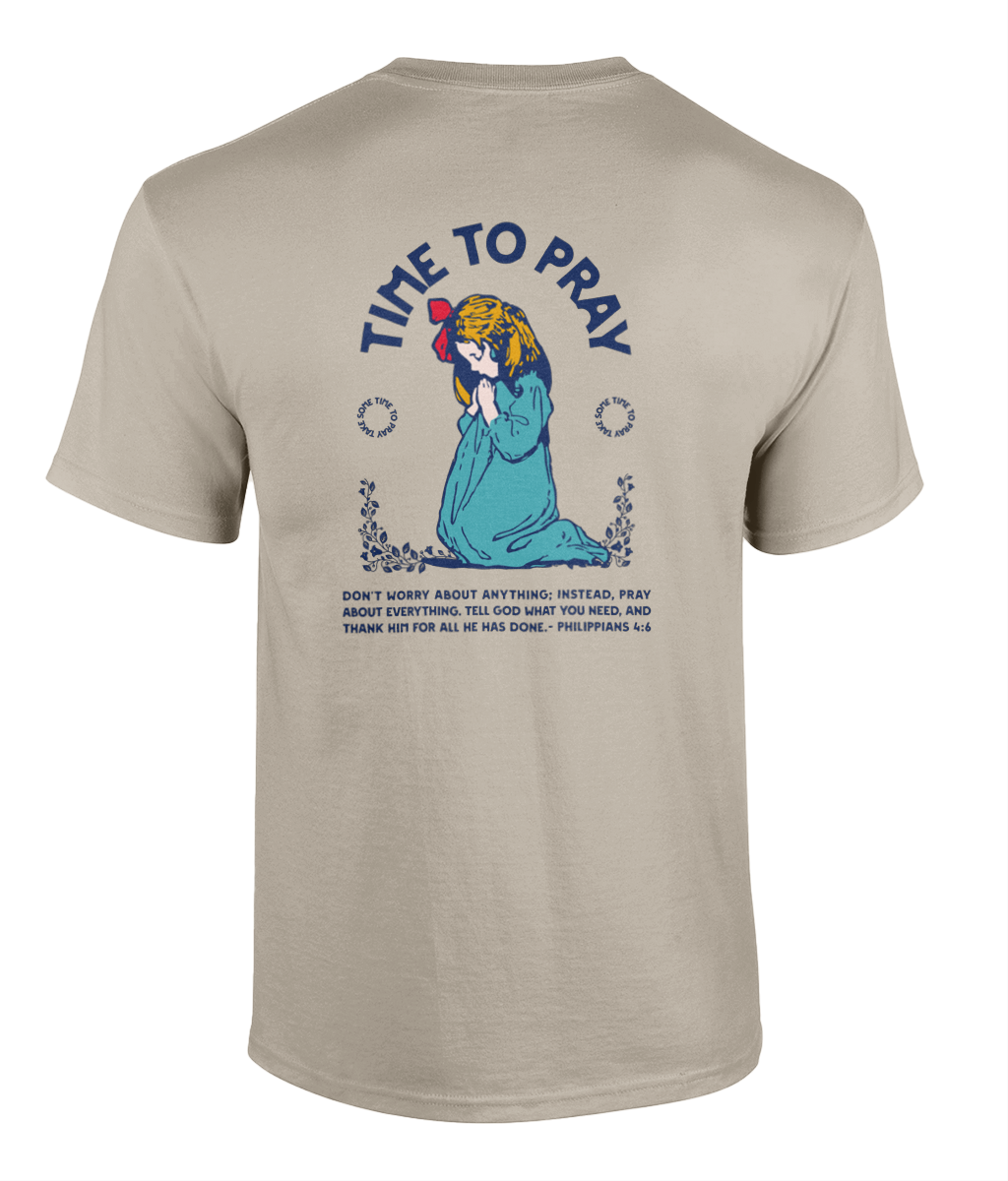 Time To Pray Christian t-shirt featuring vintage artwork inspired by Philippians 4:6 by RisenKing