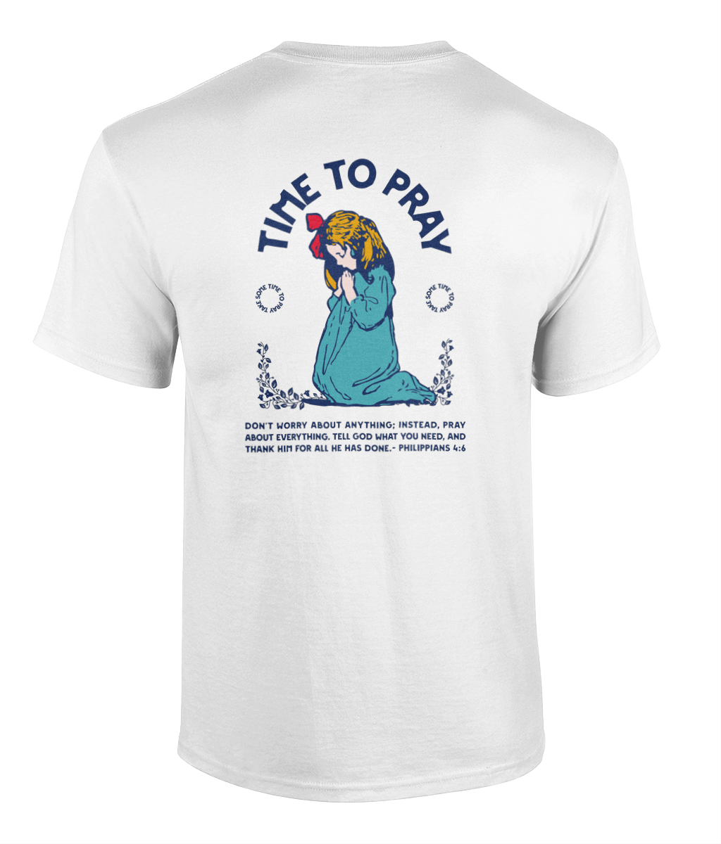 Time To Pray Christian t-shirt featuring vintage artwork inspired by Philippians 4:6 by RisenKing