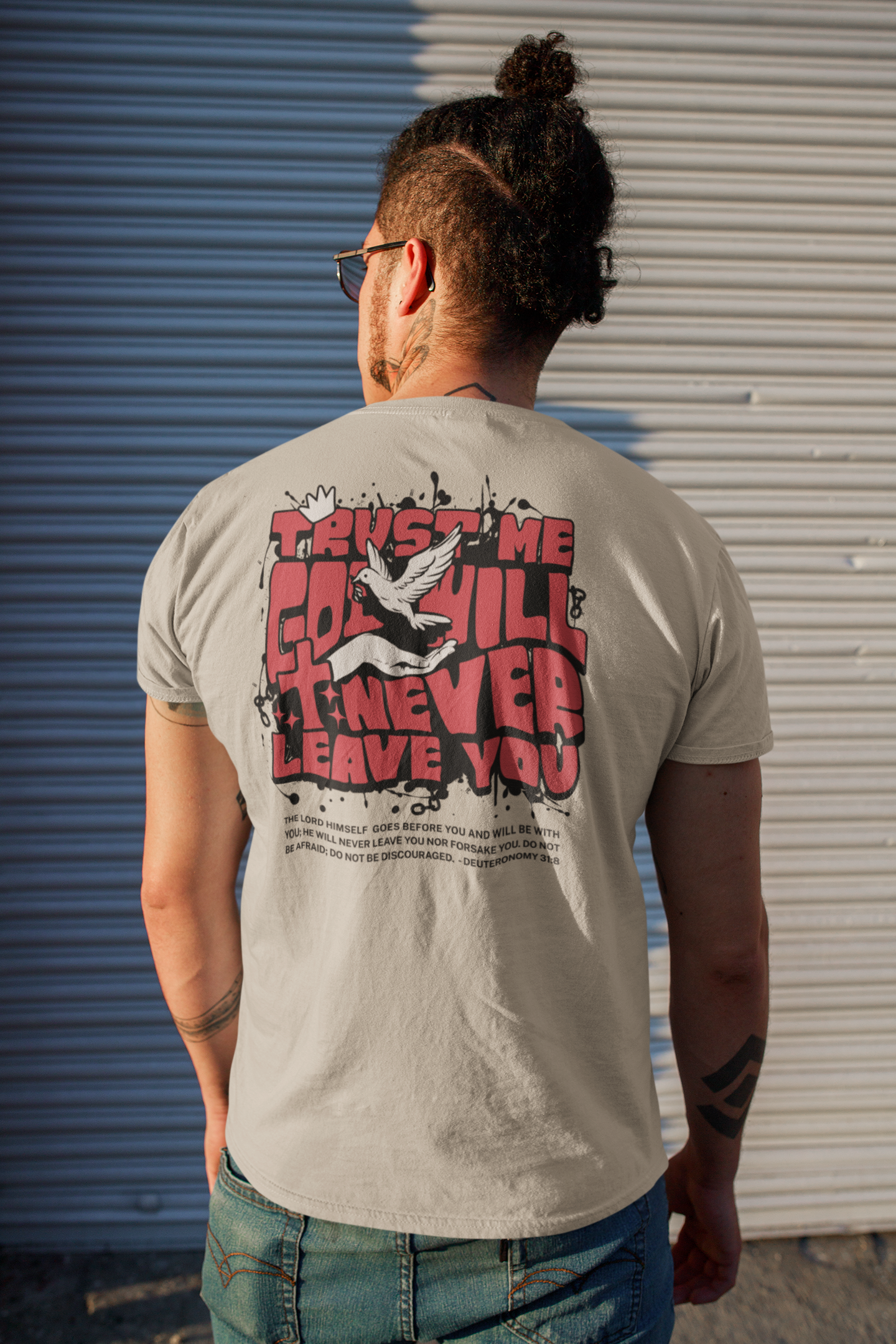 Trust Me God Will Never Leave You Christian t-shirt featuring a bold red typographic faith design by RisenKing